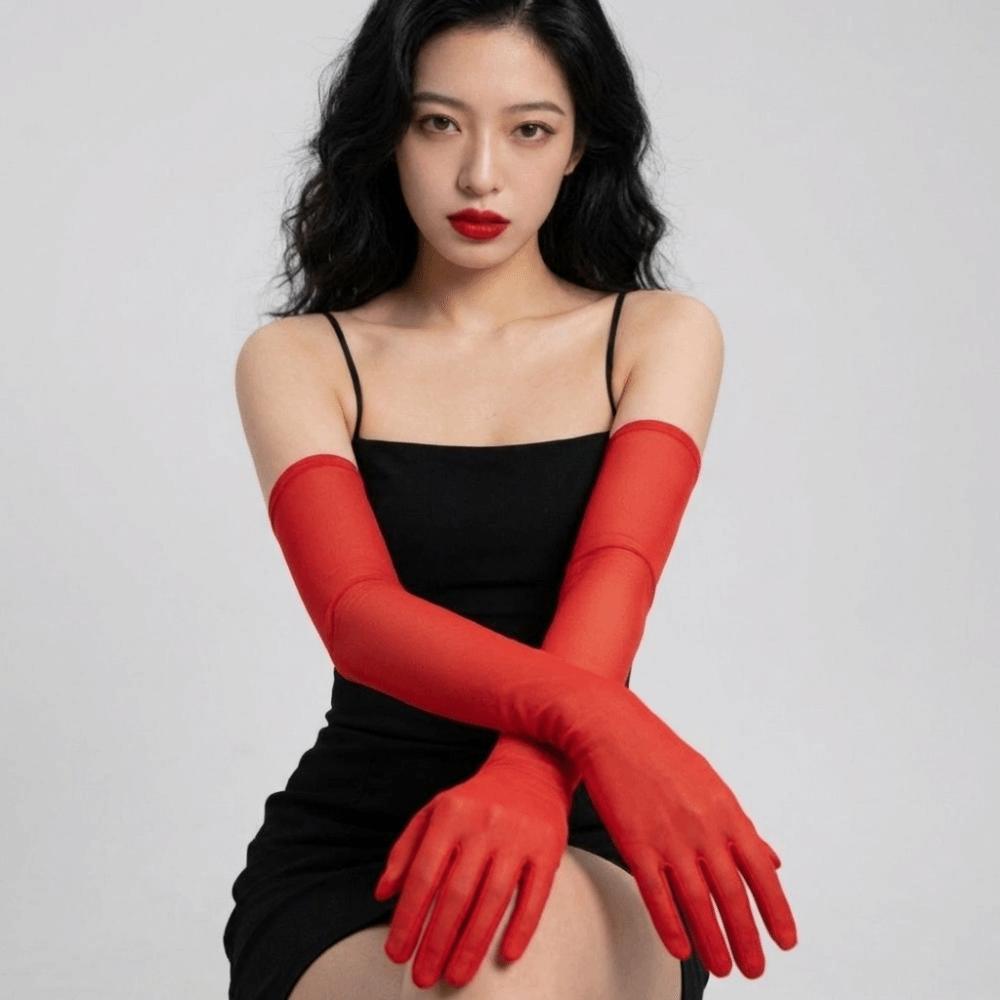 

Ultra-thin Sunscreen Mittens Elbow Mesh Full Finger Gloves Breathable Transparent Gloves Female красный