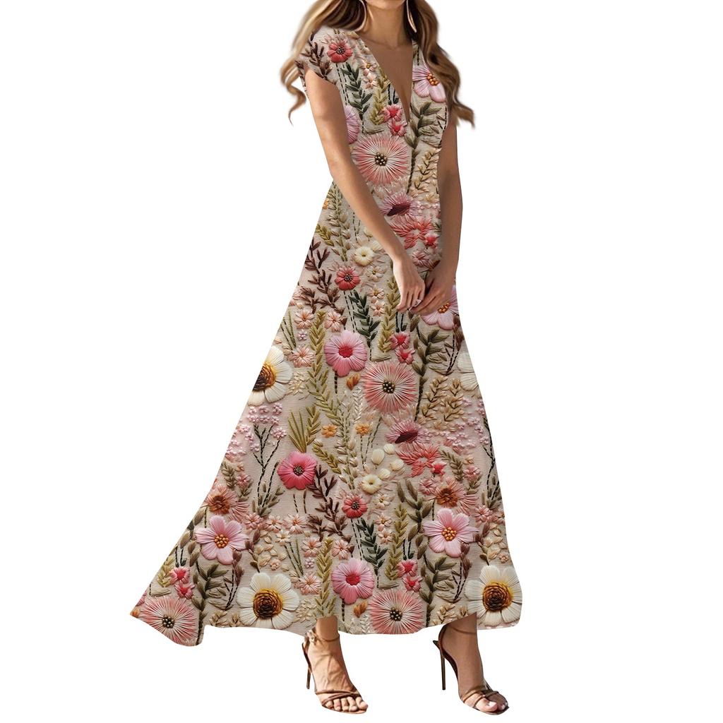 Women's Summer Casual Fashion Floral Print Dress V-Neck Short Sleeve Dresses