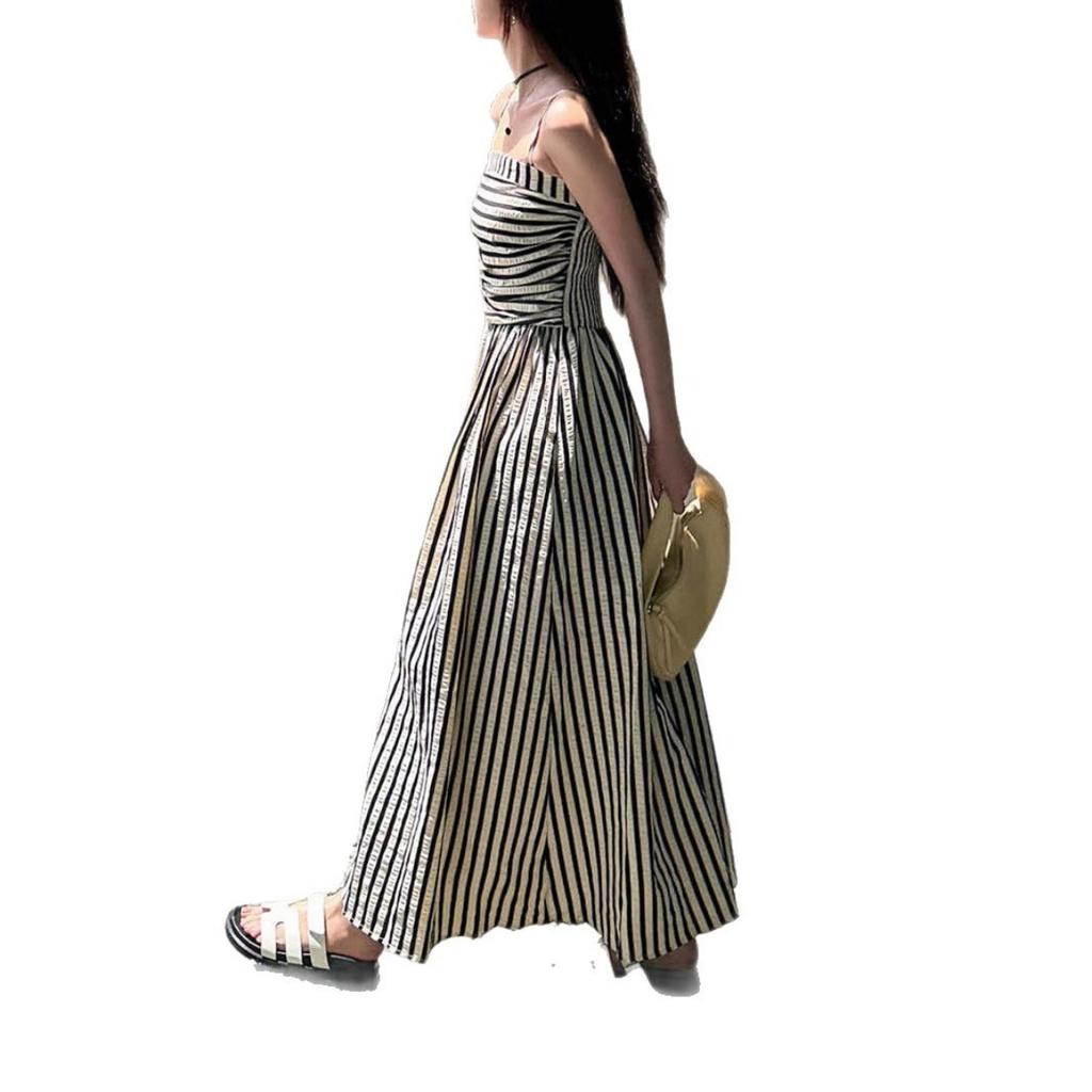 Summer New Striped Suspender Dress for Women, Elegant High Waisted Off Shoulder Maxi Dress, European American Style