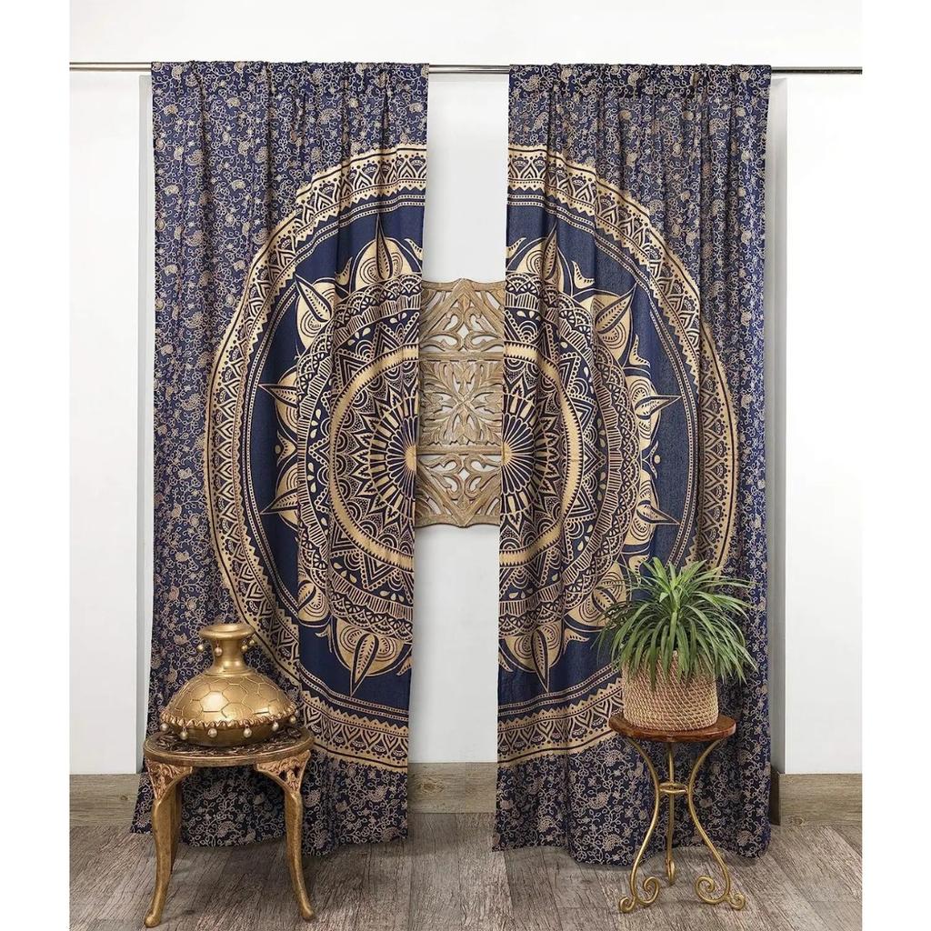 3D Print Black and Gold Hippy Mandala Curtain 2 Pieces Free Shipping Thin Curtains Room Bohemian Decoration Bedroom Living Room