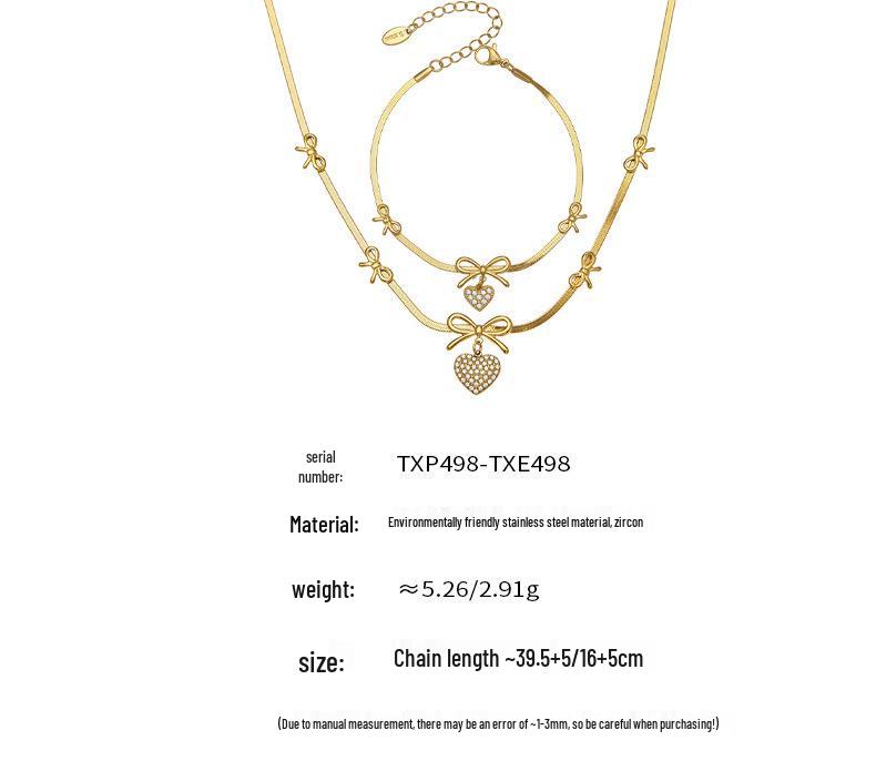 18K Gold-Plated Heart Zircon Bow Pendant Necklace & Bracelet Jewelry Set