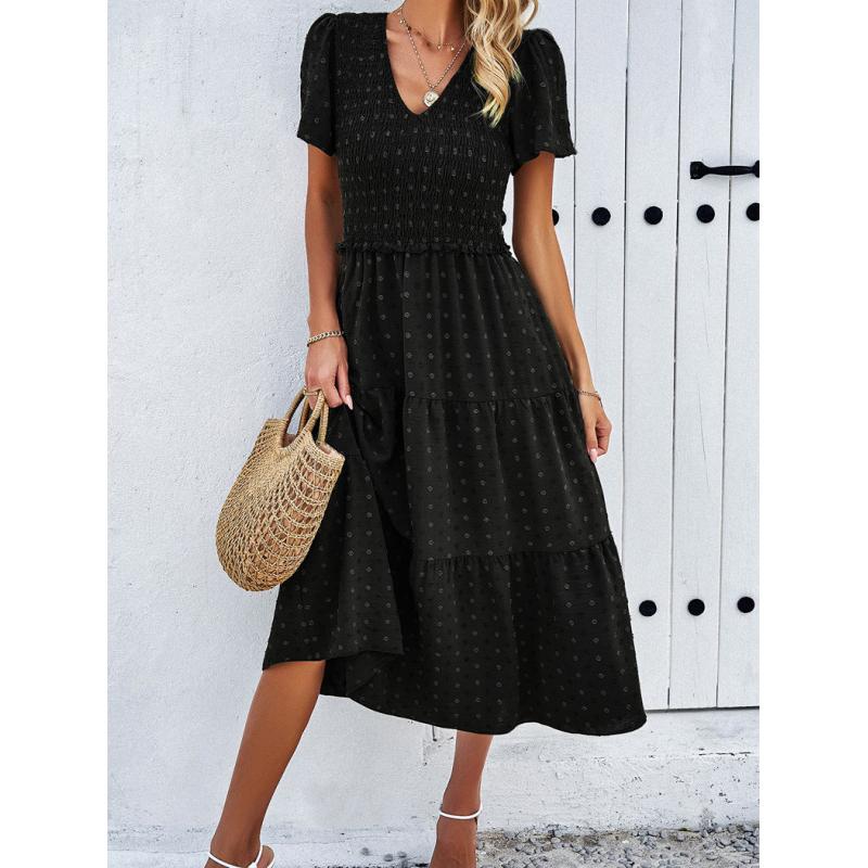 Long Dress For Woman Summer Solid Casual Beach Maxi Dress Short Sleeve V Neck Elegant Female Dresses Office Holiday