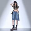 High Waist Black Retro Washed Denim Shorts Women'S Harajuku Vintage Fashion Casual Loose Y2K Streetwear Mid Long  Wide Leg Pants