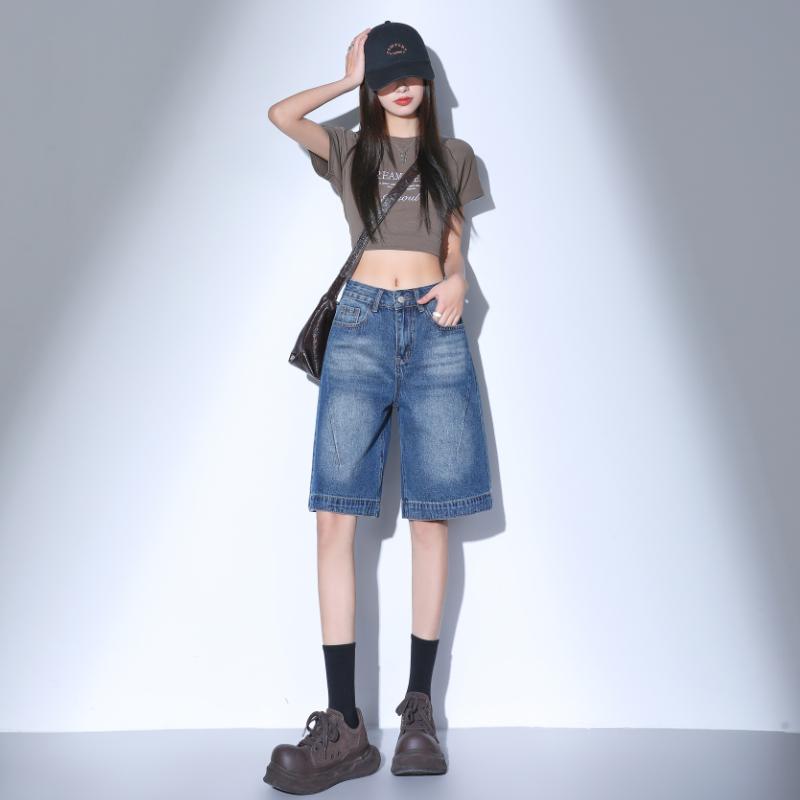 High Waist Black Retro Washed Denim Shorts Women'S Harajuku Vintage Fashion Casual Loose Y2K Streetwear Mid Long  Wide Leg Pants