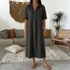 Abito estivo in cotone e lino da donna, manica corta, bottoni, colletto, midi, casual, svasato, linea ad A, ampio, da vacanza