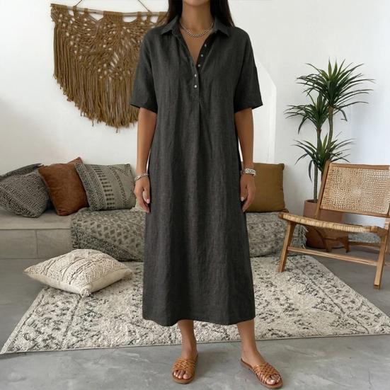Abito estivo in cotone e lino da donna, manica corta, bottoni, colletto, midi, casual, svasato, linea ad A, ampio, da vacanza