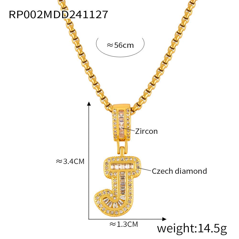 Minimalist Letter Inlaid Diamond Copper Pendant Necklace with Long Box Chain in Gold-Plated Titanium Steel