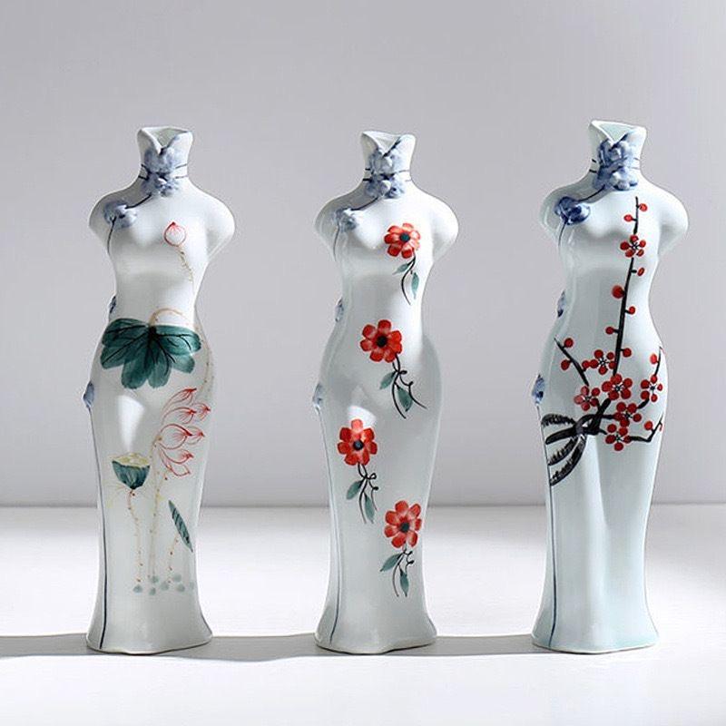 Handmade Hand-Painted Ceramic Qipao Vase – Chinese Style Home Decor Ornament