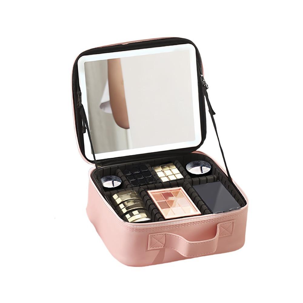 

Large Capacity Leather Handheld Makeup Box Adjustable Dividers Waterproof Cosmetic Storage Bag with LED Mirror розовый
