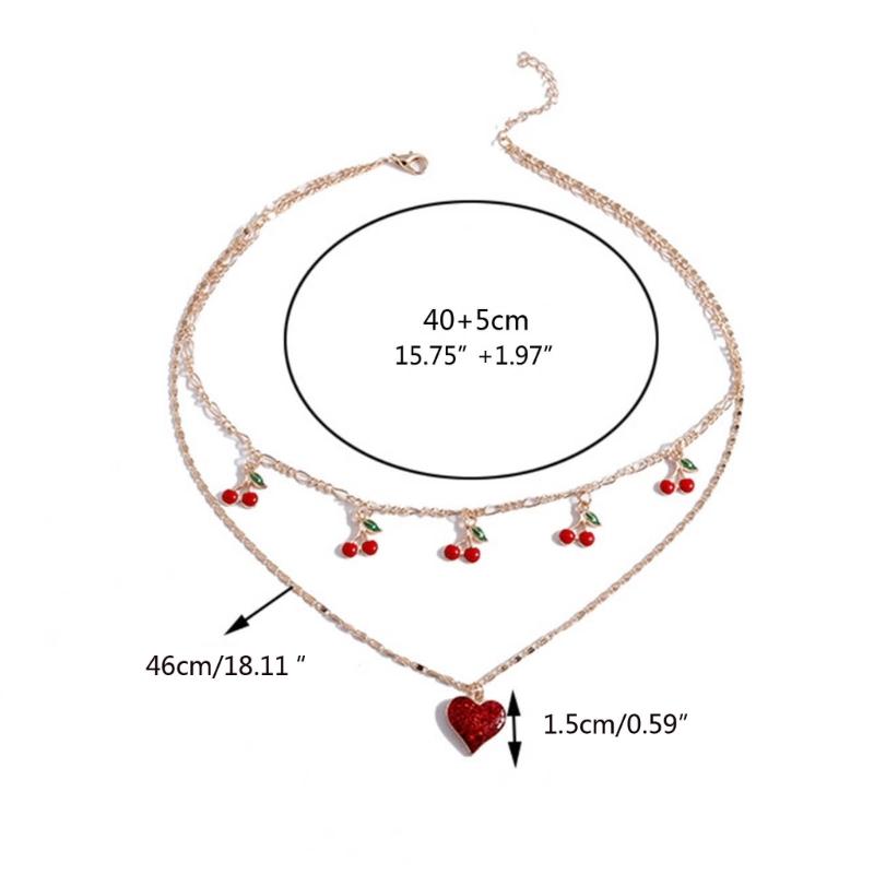 Trendy INS Style Neck Chain Jewelry Sweet Cool Double Layer Necklace with Lovely Cherry/Grape and Heart Pendant Charm