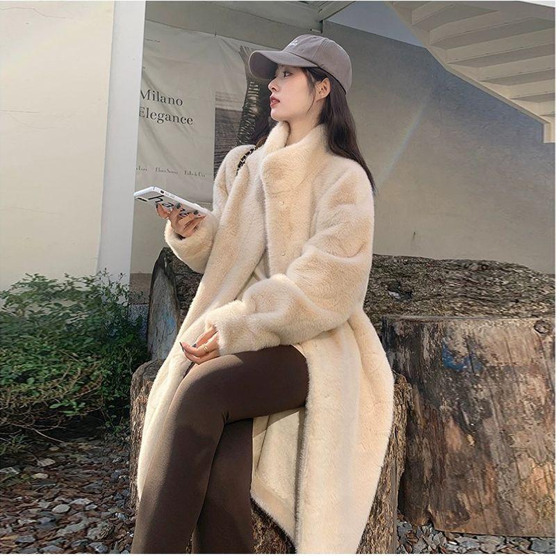 Winter Thick Long Stand Collar Loose Mink Fur Coat Women Casual Outerwear