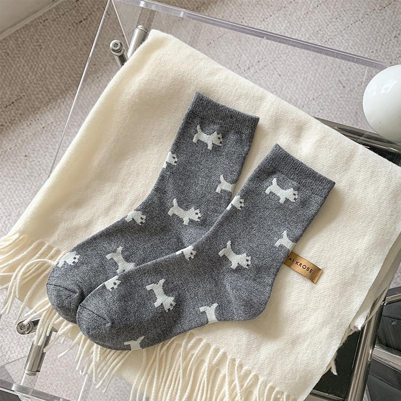 

Grey Warm And Comfortable Puppy Bow Wool Socks Girl Cute Mid-Leg Socks Stacked Socks One size fits all