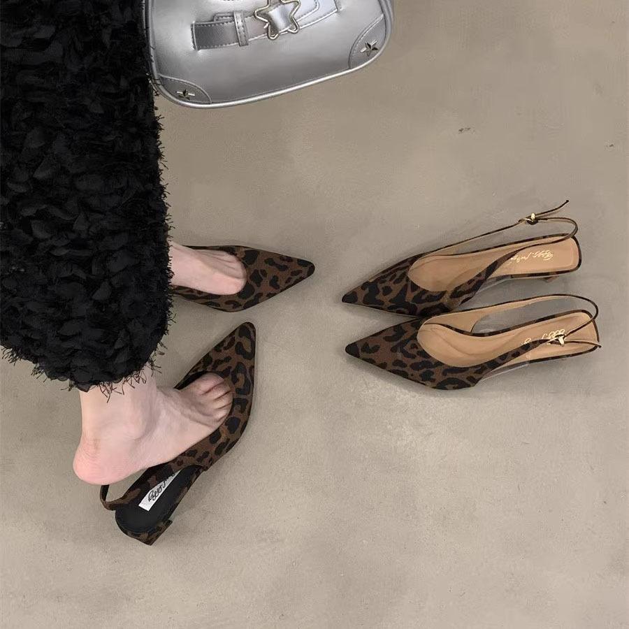 Niche leopard print sandals 2025 women's shoes with skirts summer new thick heel bag head pointed empty high heel single shoes