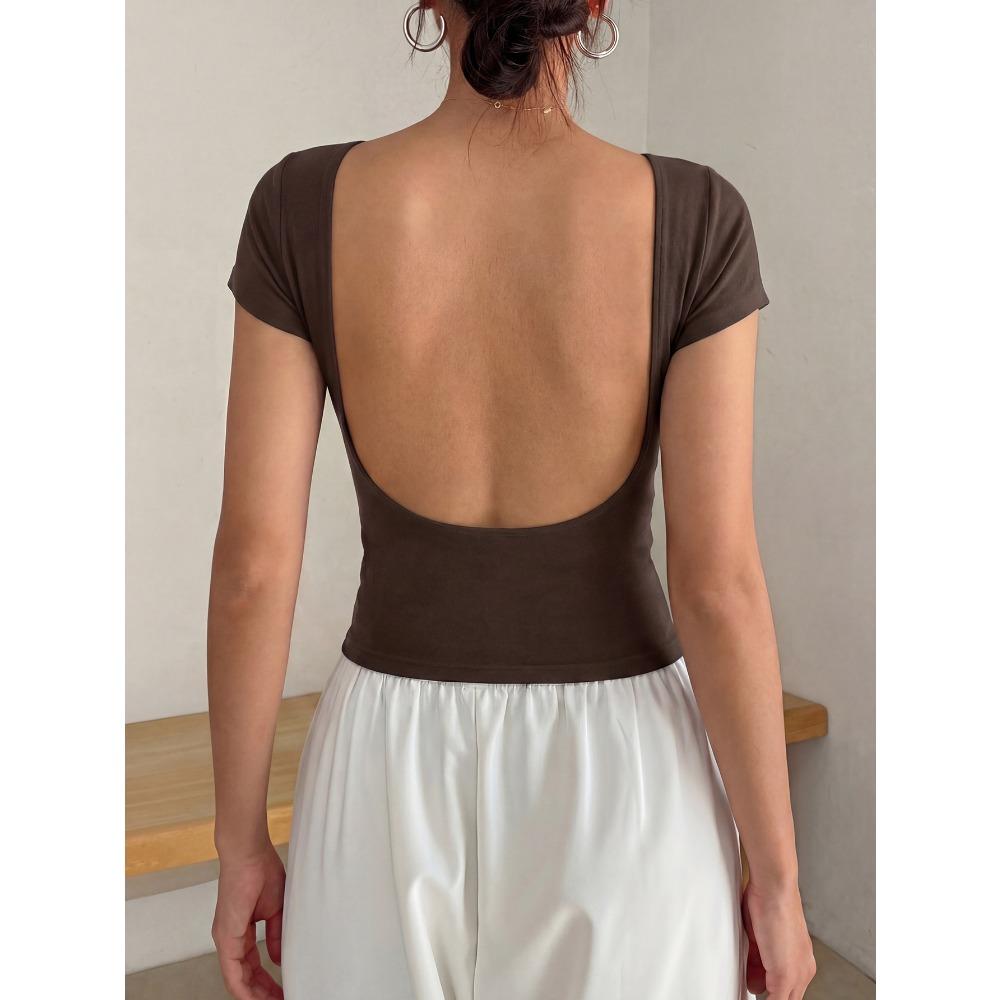 Women's Round Neck Short Sleeve Solid Color U Backless Slim Fit Cropped T Shirt Casual Summer Basic Workout Tee Top