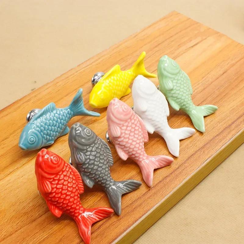 2pcs Ceramic Handle Seven Color Single Hole Handle Grass Fish Wardrobe Cabinet Drawer Shoe Cabinet European-style Hand-in-hand