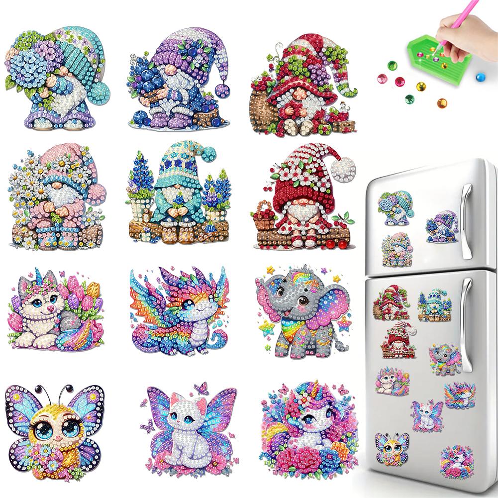 12PCS 2D Flat DIY Diamond Painting Refrigerator Magnet Round Diamond Crystal Refrigerator Magnet Diamond Art Kits for Home Decor