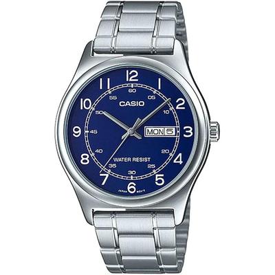 MTP-V006D-2B Men's Stainless Steel Easy Reader Blue Dial Day Date Analog Dress Watch
