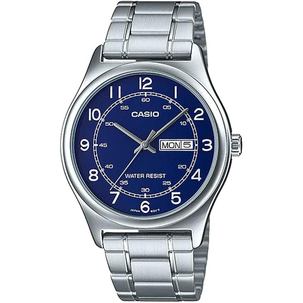 Casio MTP-V006D-2B Men s Stainless Steel Easy Reader Blue Dial Day Date Analog Dress Watch