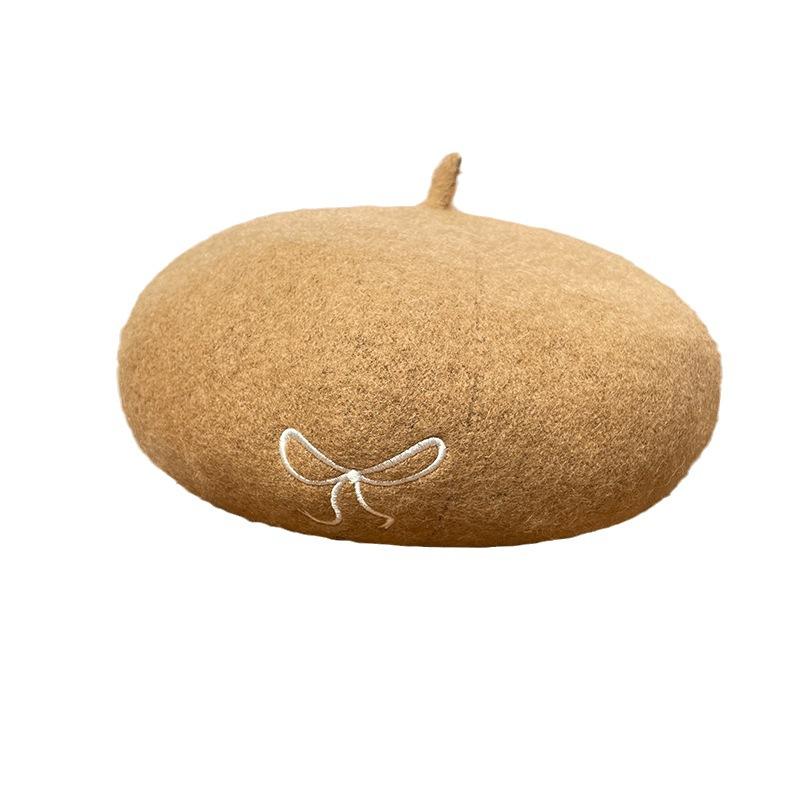 Autumn and Winter Cute Bow Embroidered Woolen Beret Simple and Versatile Japanese Style Sweet Style Painter Hat
