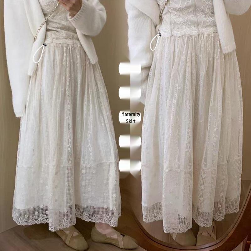 2026 Spring Maternity Lace Embroidery Midi Skirt M