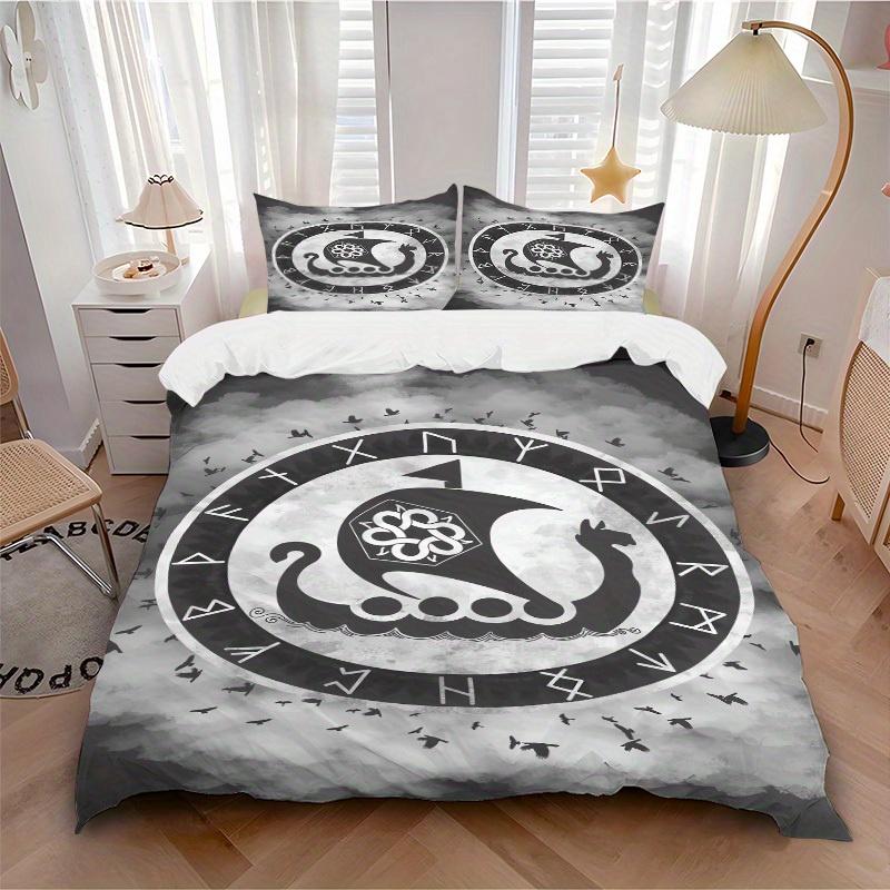 3pcs Viking Raven Bedding Set Soft Polyester Down Comforter Cover and Pillowcases, Suitable for All Seasons, Practical Gifts for the Home 0729092