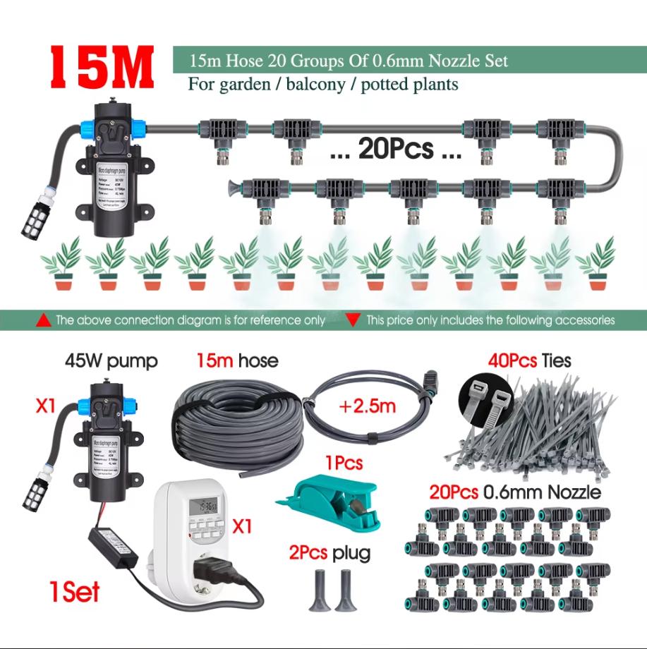 45W Pump Garden Irrigation Kit 0.6mm Misting Cooling System Self-priming 110-240V Power Supply Fine Atomization Sprayer Fittings
