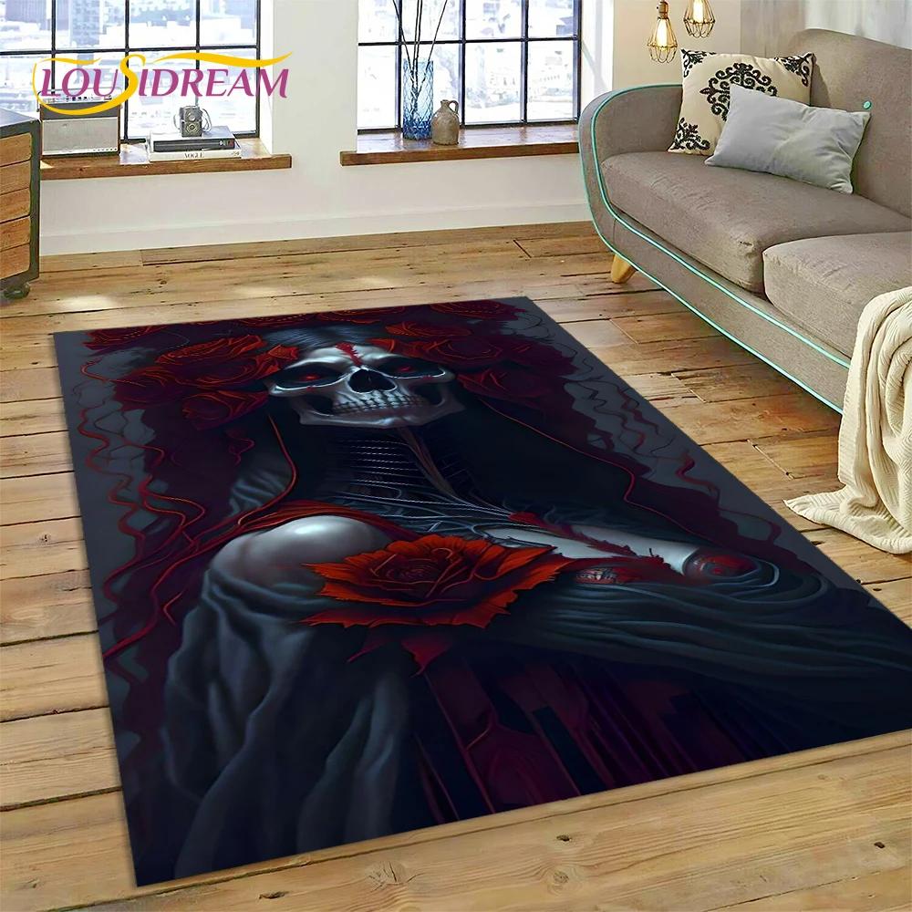 Skull Dead Girl 3D Gothic Horror Female Rose Rug Carpet for Living Room Bedroom Decor,Non-slip Decoration for Sofa Doormat Gift