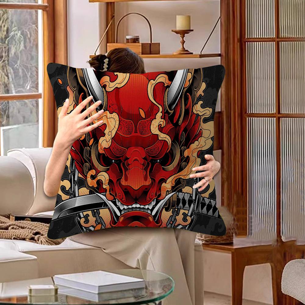 Japanese Samurai Oni Mask Cushion Cover Polyester Sofa Cushions Decorative Throw Pillows Home Decoration Pillowcover