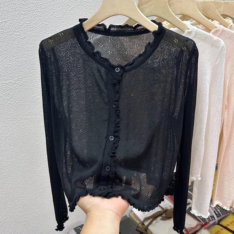 Sweet wind hollow thin knitted cardigan women's summer outdoor sunscreen top age-reducing fungus edge air-conditioning shirt