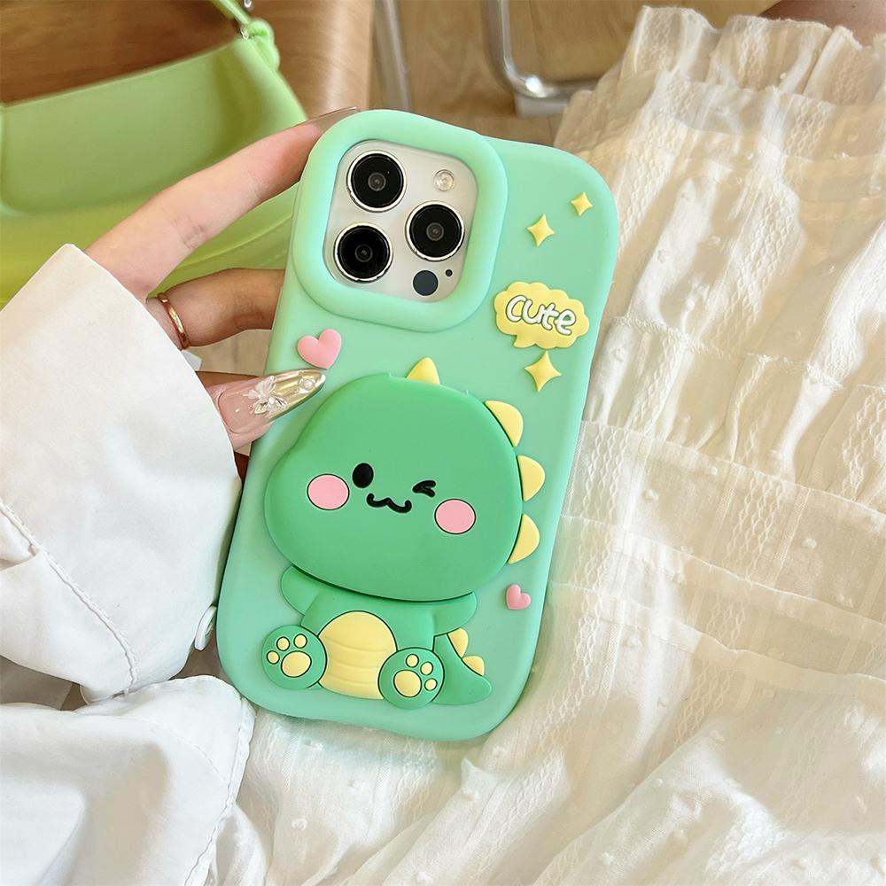 3D Schattige Dinosaurussen Verbergen Make-up Spiegel Hoesje voor IPhone 16 Promax 15 14 13 Pro Plus Cartoon Schokbestendig Achterkant Hoesje