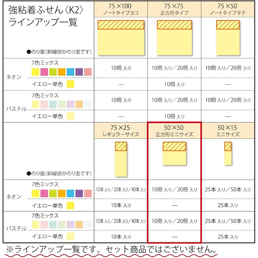 Kokuyo Sticky Notes, Strong Adhesion, K2, 50mm x 50mm, Pastel, 90 Sheets x 20 Books, 7 Colors, K2...