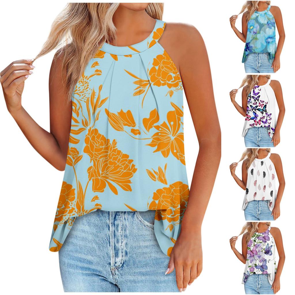Tanktops für Damen, lockere Passform, plissiert, Sommer, Blumenmuster, Schmetterlings- und Federdruck, ärmellose Oberteile