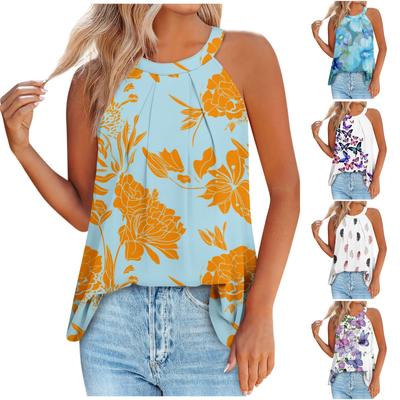 Tank Tops For Women Loose Fit Pleated Summer Floral Butterfly Feather Print  Sleeveless Tops
