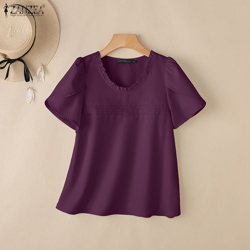 ZANZEA Women Casual Round Neck Summer Short Sleeve Blouse