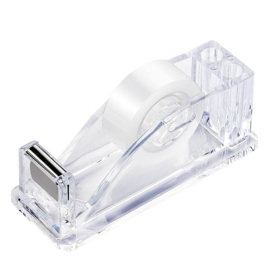 Acrylic Tape Dispenser with Pen Holder Transparent Compact Size Portable Office School Desktop Tape Cutter Holder