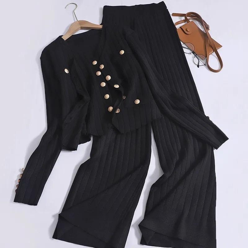 Women's Knitted Sweater Set: Buttoned Cardigan Vest with High-Waist Ribbed Knit Long Pants - Fashionable & Casual 3-Piece Style