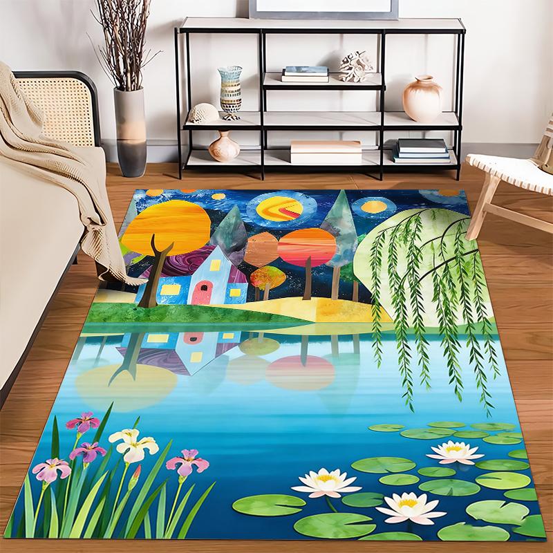 Colorful Artistic Landscape Carpet with House, Trees, and Pond Design Suitable for use as an anti-slip for living room bedroom sofas