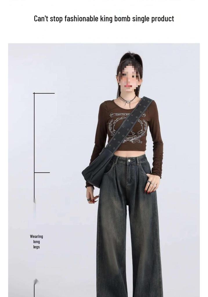 Women's Cement Gray High-Waisted Wide-Leg Jeans - Autumn Winter Retro Style, Petite Loose Fit