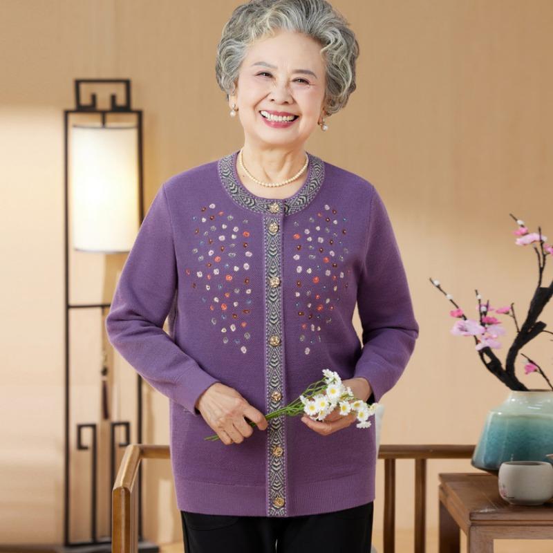 Autumn Over Grandma Knitted Sweater Crew Neck Clothes Medium and Old Women's Clothing Mom Clothing Long Sleeve Cardigan