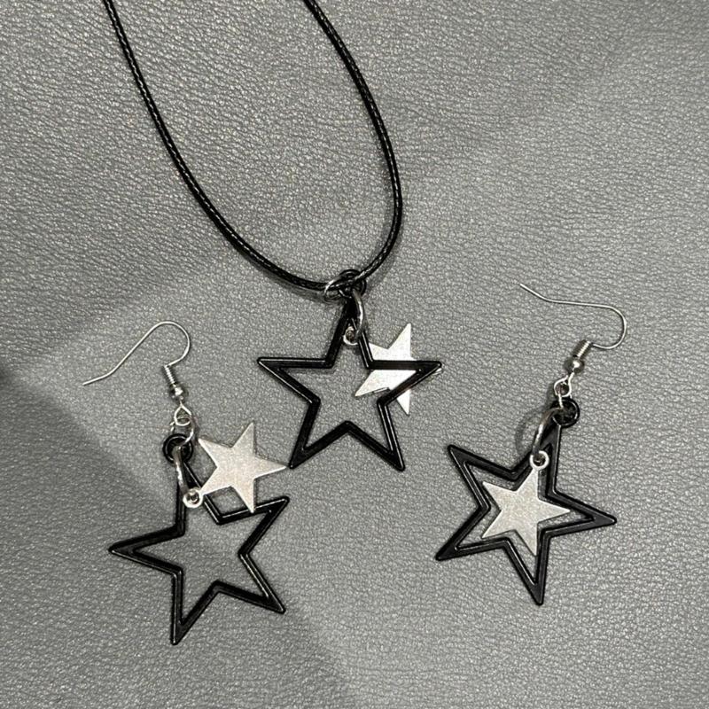 Black Star Pendant Necklace Exquisite Punk Double Star Clavicle Chain Unique Choker Jewelry Hip Hop Earring Eye Catching