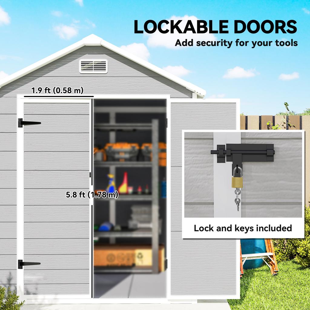 6 X 5ft Garden Shed, Plastic Shed with Floor, Window, Lockable Doors and Vents, Wood Effect Resin Tool Shed for Outdoor Patio, Light Grey