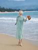 2026 Artistic Women's Textured Linen Embroidered Dress with Three-Quarter Sleeves and Flowing Mid-Length Skirt