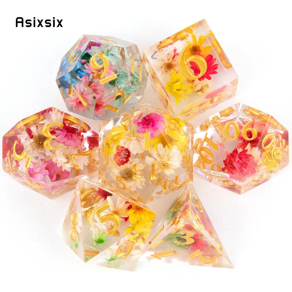 7 Pcs Flower Resin Golden Number Sharp Edge Dice Polyhedral Dice Suitable for Role-Playing RPG    Board Game