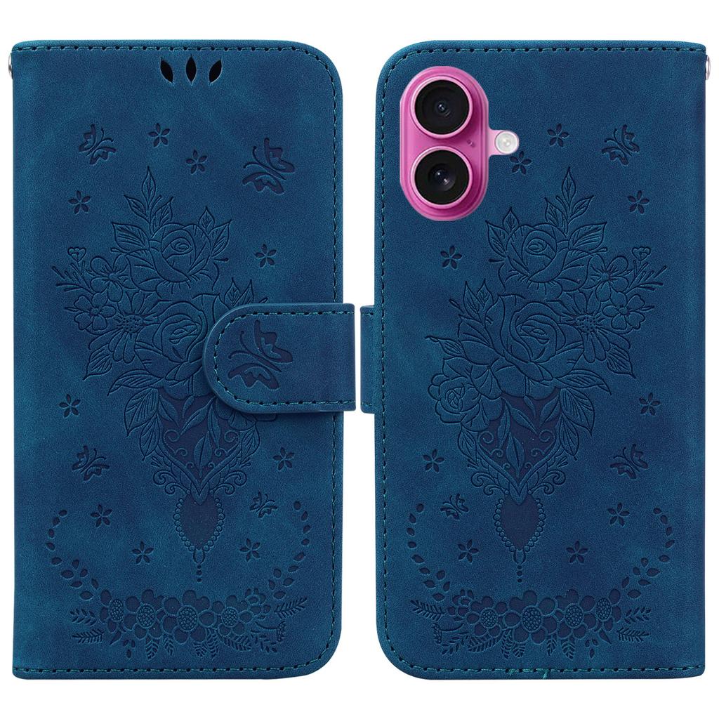 For iPhone 17 Case PU Leather Wallet Phone Cover Butterfly Flower Imprint with Strap