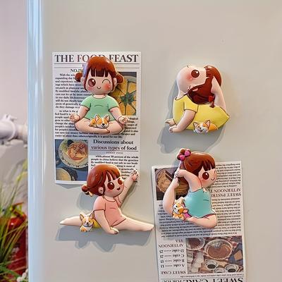 4pcs Set of Japanese Magnetic Fridge Stickers, Featuring a Korean Sporty Self Discipline Girl, Cute Cartoon Designs for Fridge Decoration