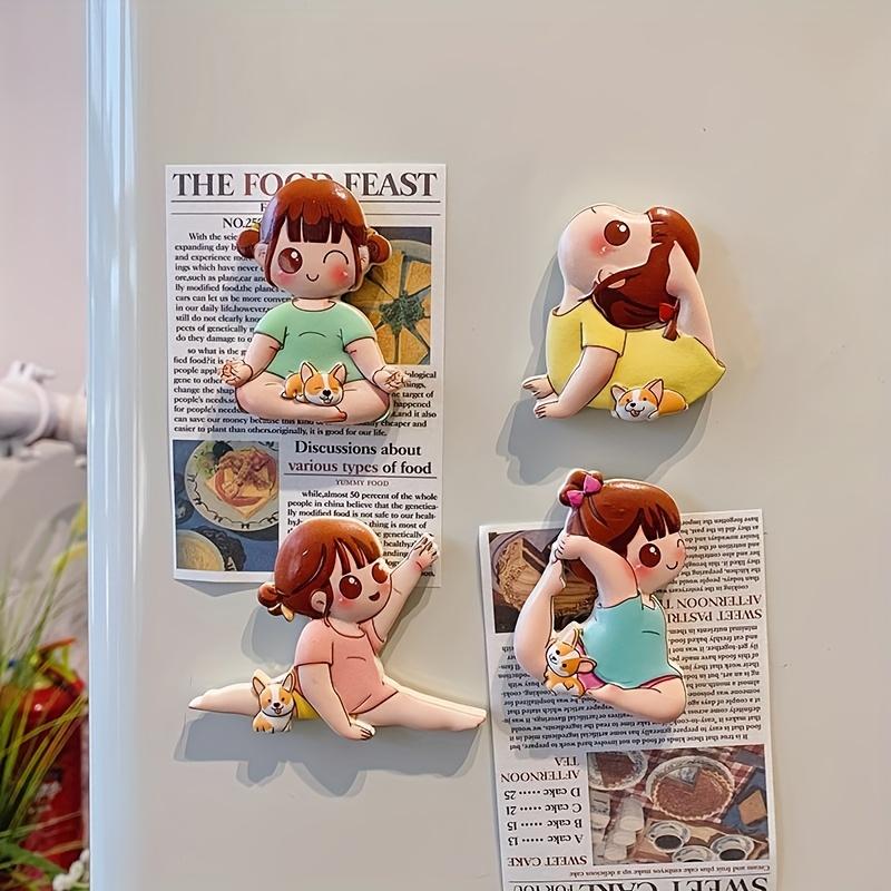 4pcs Set of Japanese Magnetic Fridge Stickers, Featuring a Korean Sporty Self Discipline Girl, Cute Cartoon Designs for Fridge Decoration
