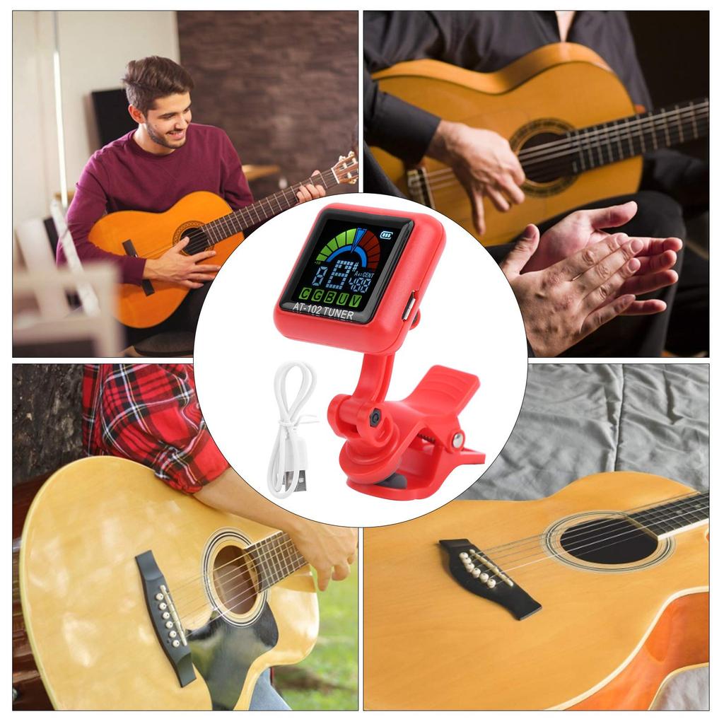 USB Guitar for and String Clip-on Tuner, Rechargeable, Half-Tone Compatible, Bass, Ukulele, Violin, Instruments, AT-102 (Red)