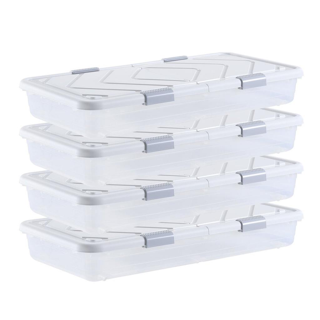 Under Bed Storage with Wheels, 805 x 396 x 175 mm Underbed Containers, Underbed Shoes Organizer with Lid and Gray Latch, Rolling Under the Bed Storage
