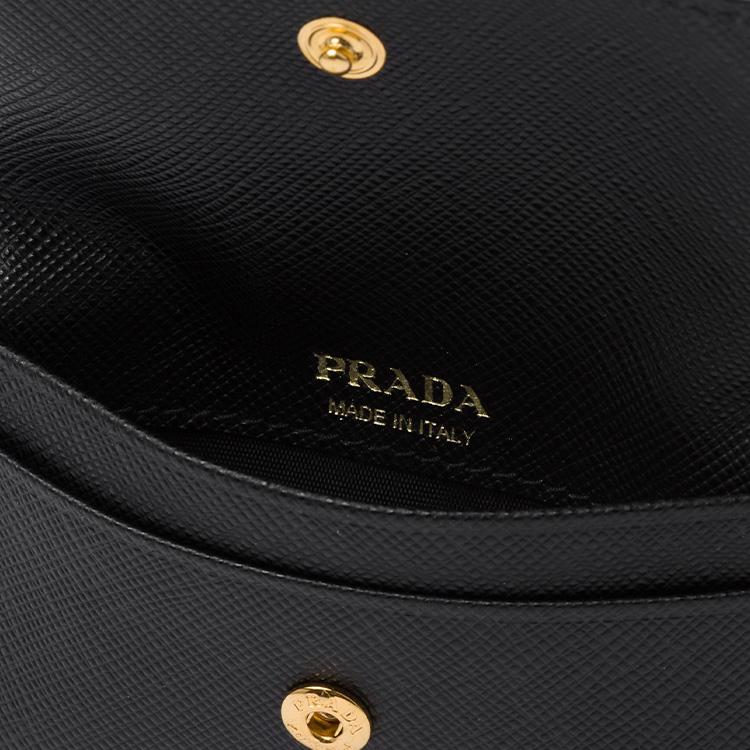 Prada Enamel Metal Triangle Logo Snap Closure Saffiano Leather Card Holder Women Card Holder Black 1MF028_QHH_F0002