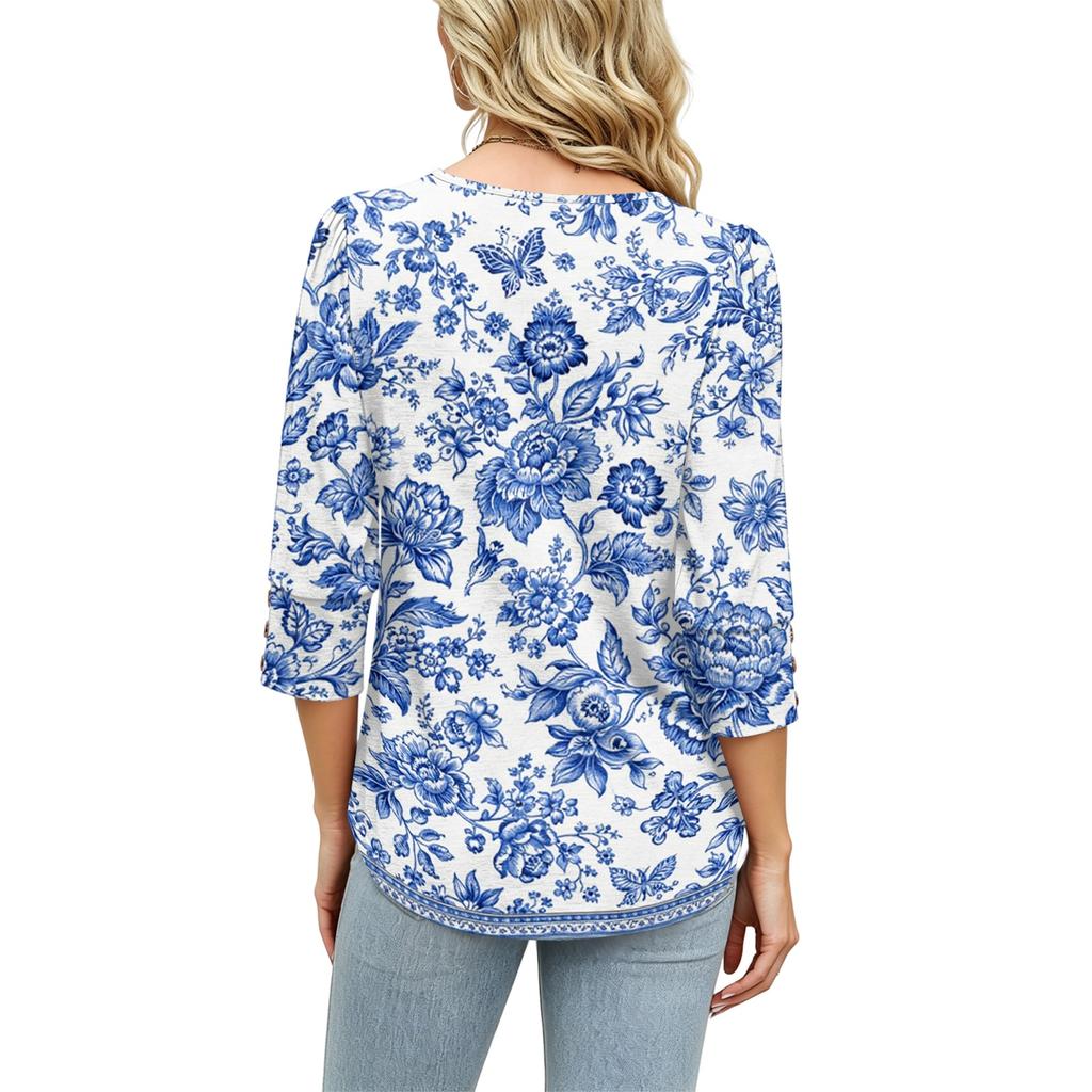 Women's Casual Loose Fit Top Round Neck Three Quarter Sleeve Blouse Button Detail Lightweight Fabric Relaxed Fit